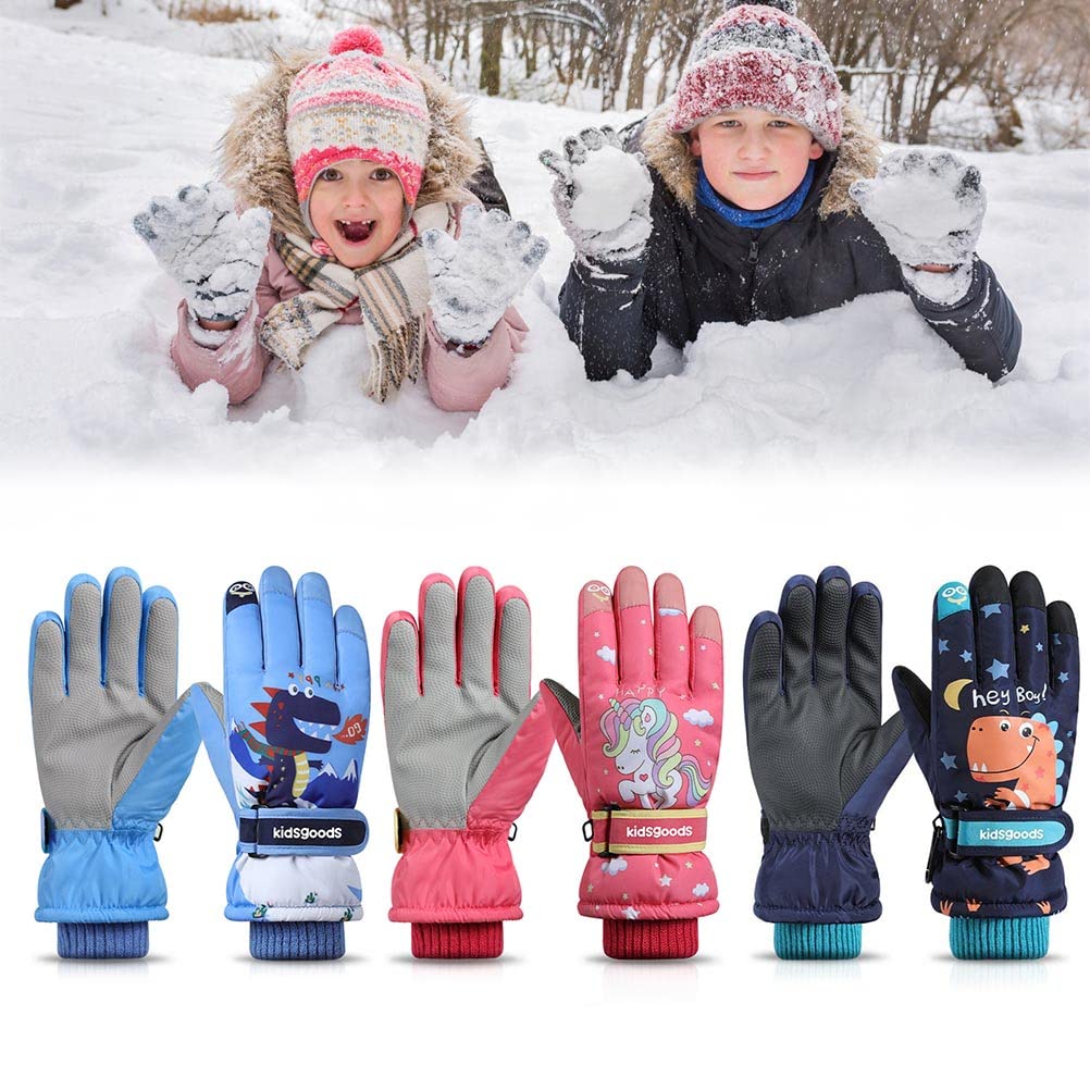 SwirlColor Kinder Skihandschuhe - Wasserdichte Winterhandschuhe Mit Dino-Muster