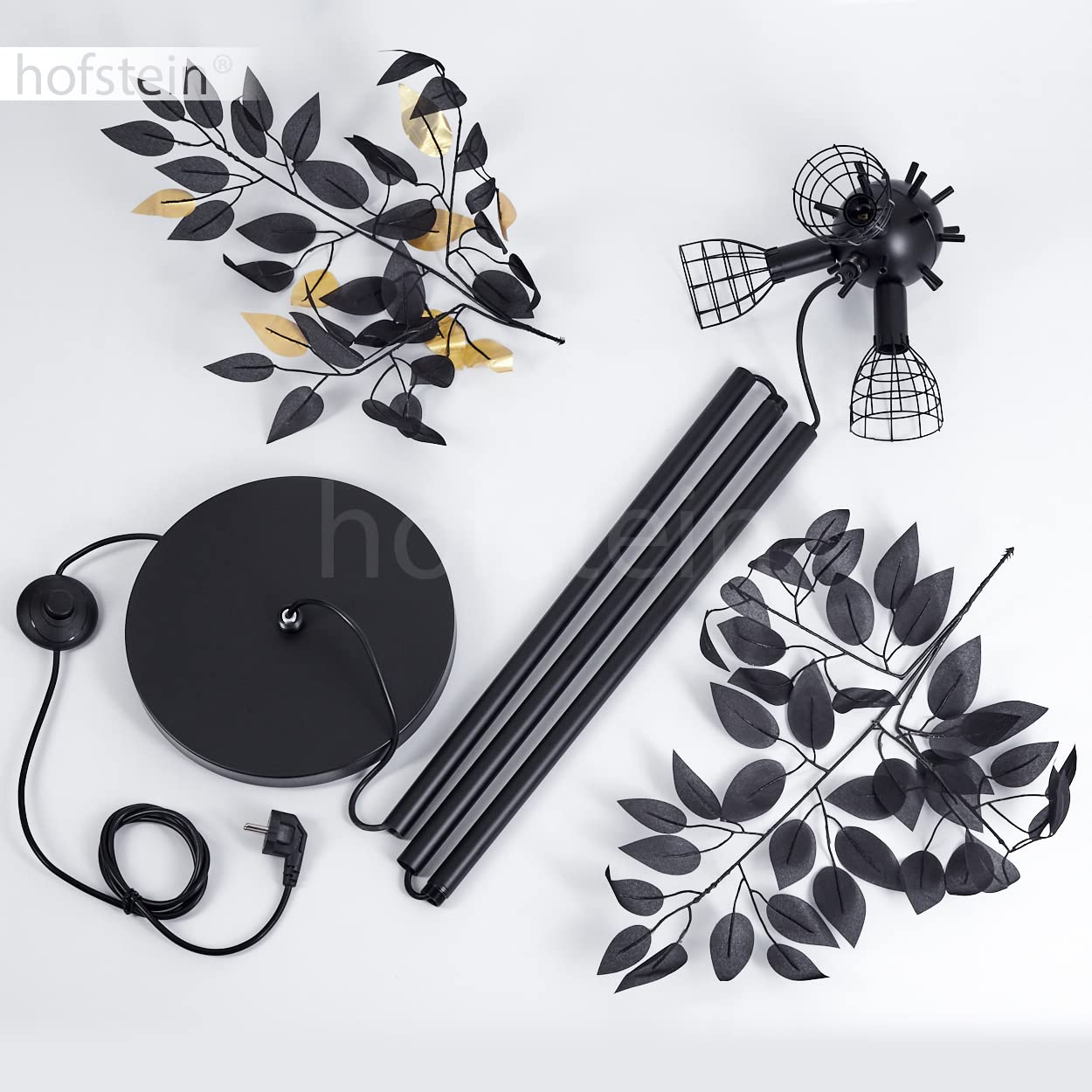 Lampa podłogowa Kallax, wykonana z metalu/plastiku w kolorze czarnym/złotym, z kloszem w optyce liścia, wysokość 190cm, z włącznikiem nożnym na kablu i efektem świetlnym, 3xE14, bez żarówek