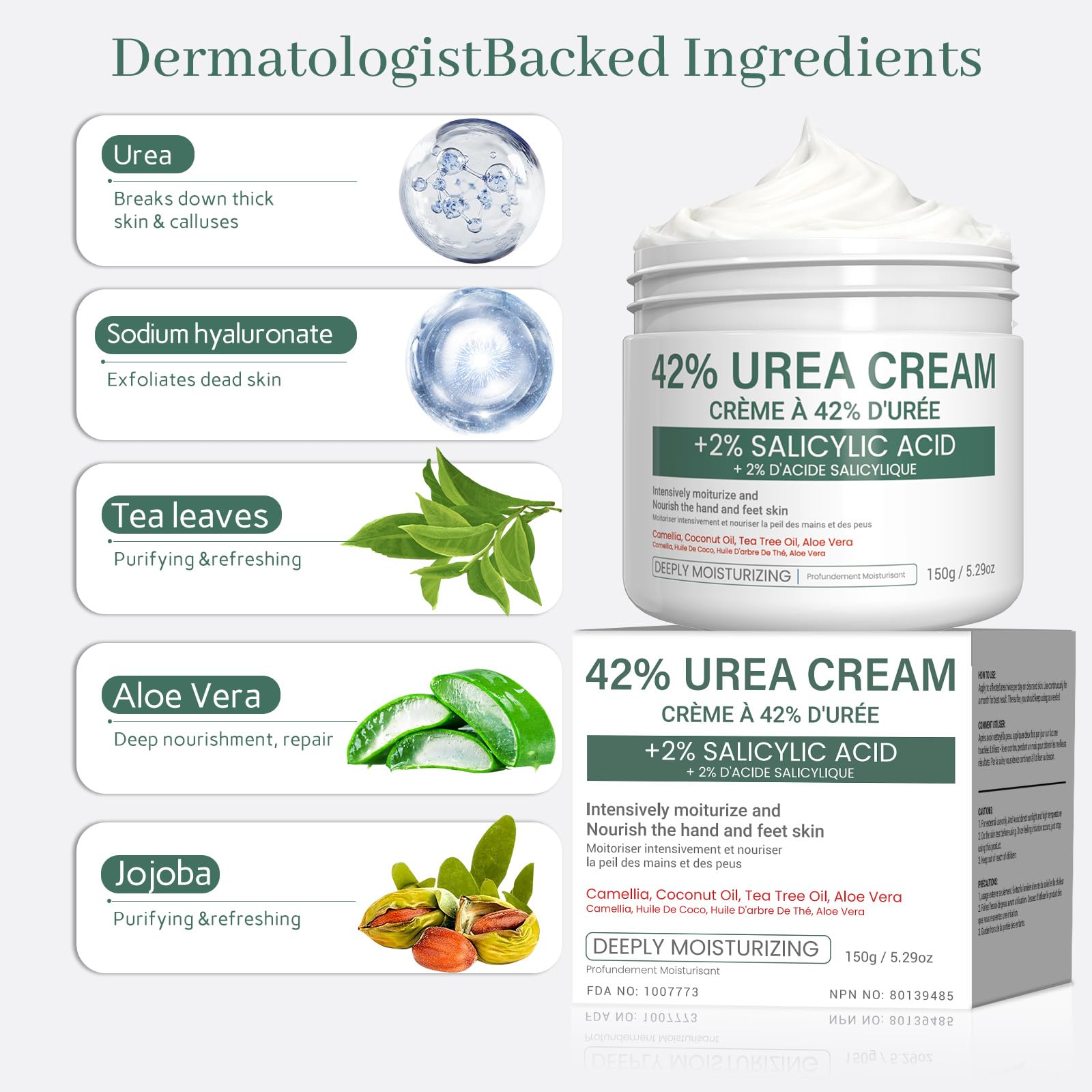 Urea Cream 42% - 2% Salicylic Acid Foot & Hand Moisturizer, 150g with Tea Tree Oil, Aloe Vera & Coconut Oil, Non-Greasy Daily Care for Men & Women (green) — view 3