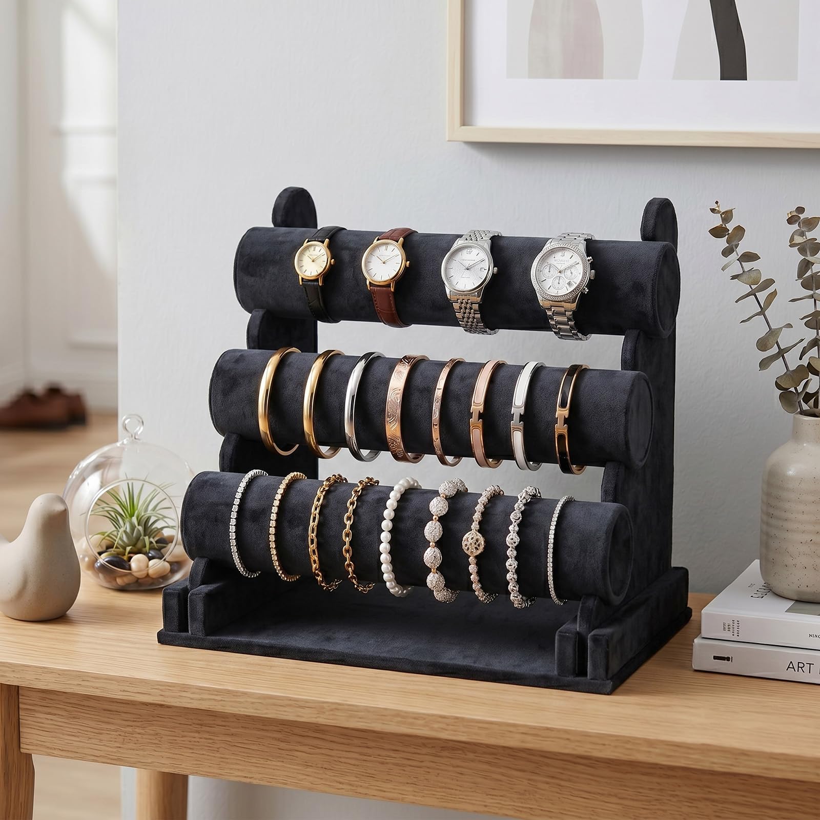 powerking Black Velvet T-bar Bracelet Watch Jewelry stand display, 3 ripiani