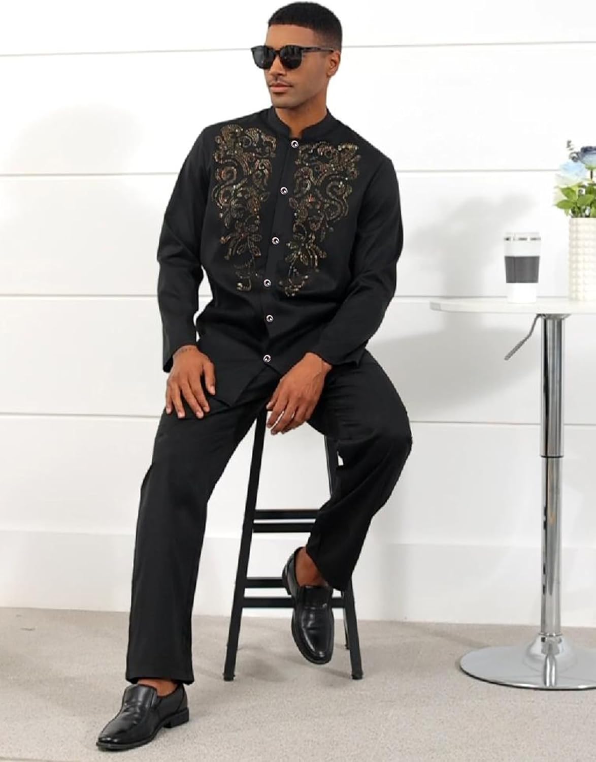 Mens African 2 Piece Set Glitter Rhinestone Traditional Suit Shiny Blingbling Sparkle Metallic Dashiki Shirt Pant Outfit - Image 3