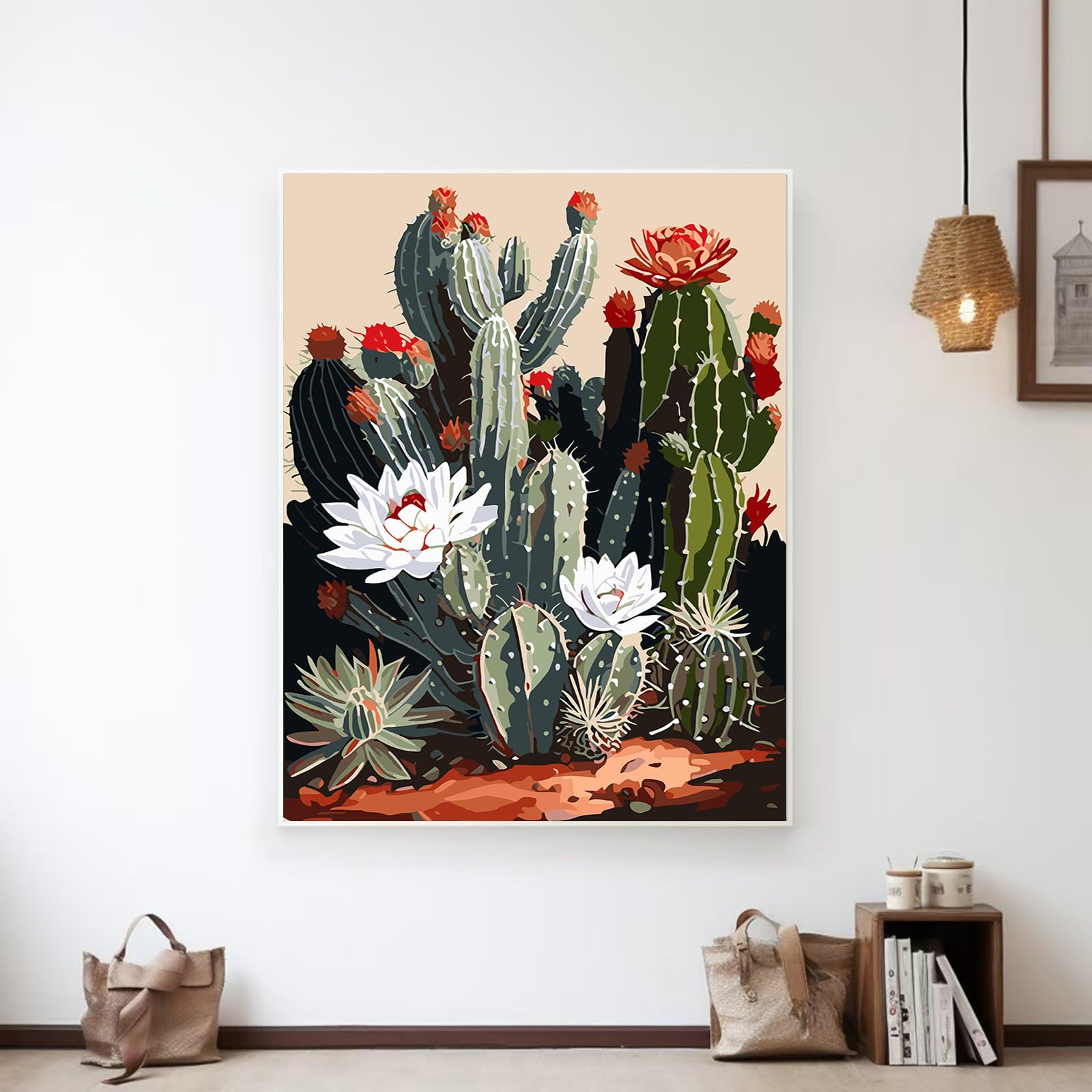 Kit De Pintura Por Números Cactus Al Atardecer Para Adultos - Con Marco, Lienzo 40x50 Cm, Pinceles Y Pinturas Acrílicas