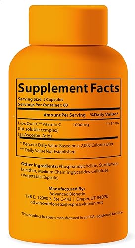 Miniatura 7 de Suplemento de vitamina C liposomal  Tecnología de absorción mejorada LipoQuil-C  120 cápsulas 1000 mg de alta dosis soluble en grasa Vita C  Apoyo