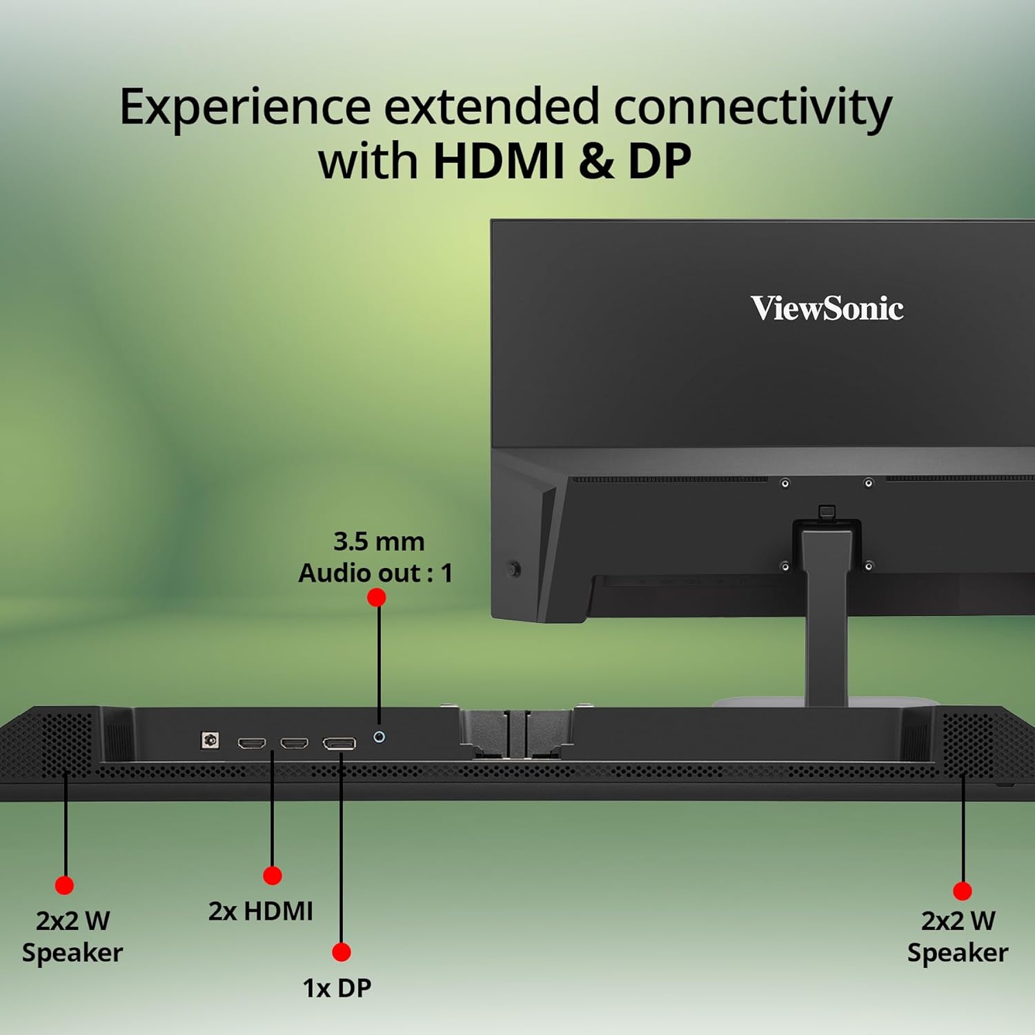 Three panels on a monitor showing Eye Care Technology, Blue Light Filter, and Flicker Free features, with a frog image demonstrating comfortable viewing.