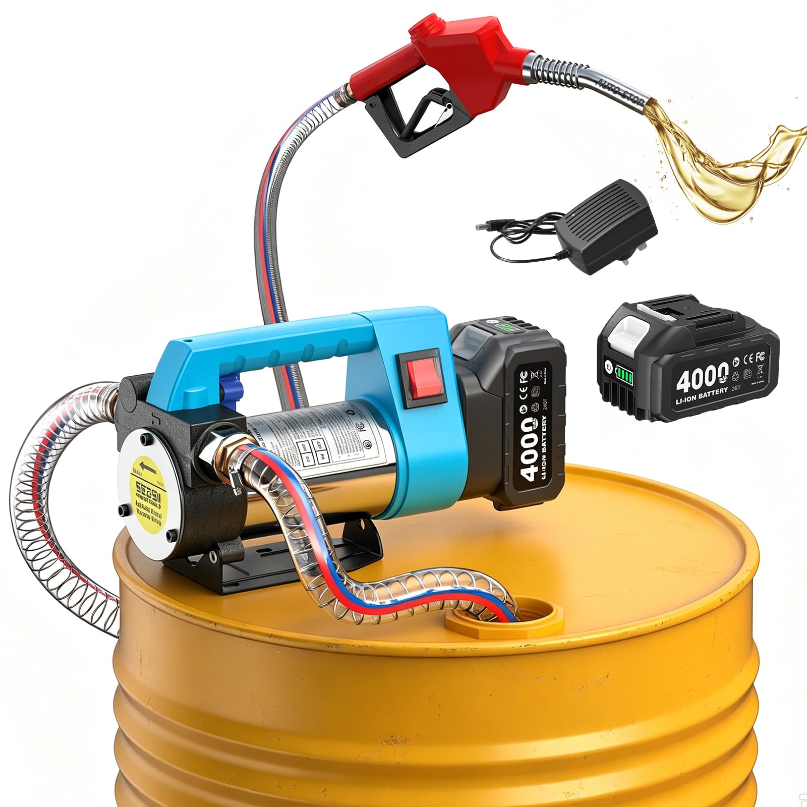 SEESII Cordless Diesel Transfer Pump, 2x4.0Ah Batteries, Auto-Stop Nozzle