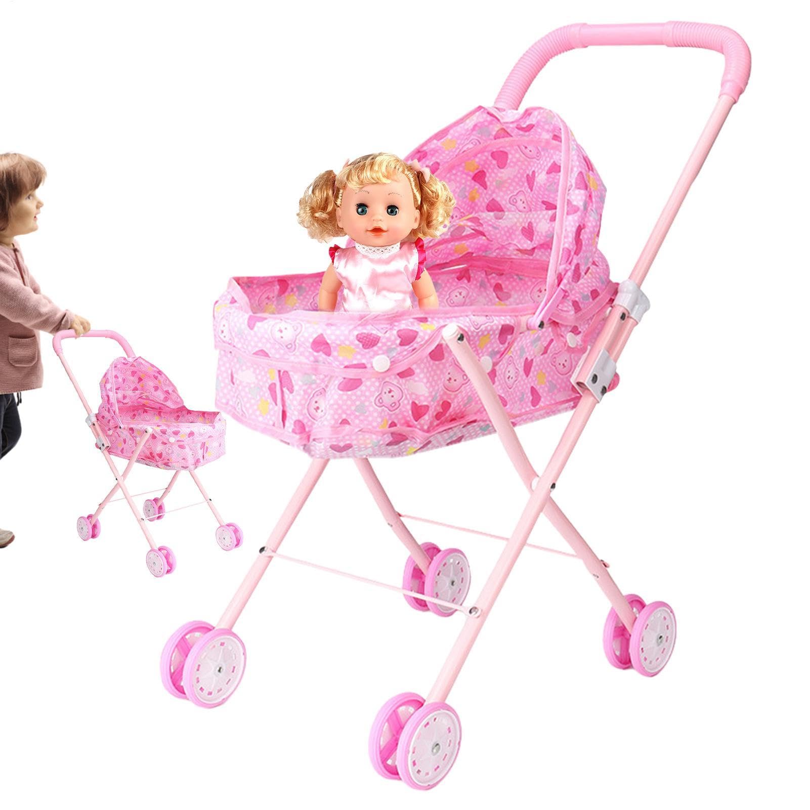 Babypuppenwagen, Puppenbuggy für Kinder, Puppenbuggy, Faltbarer und Leichter Puppenbuggy mit Korb, Puppenbuggy für Rollenspiele