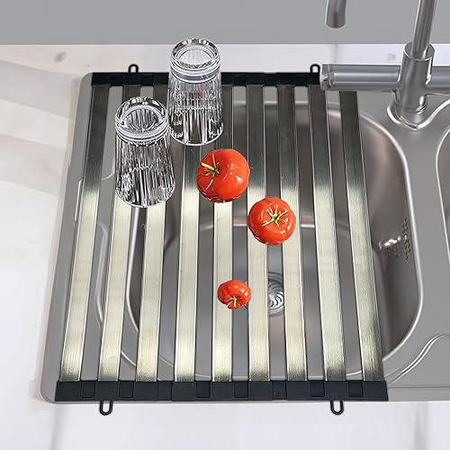 Mamakura - Escurridor de platos enrollable sobre el fregadero, estante de secado de platos plegable, de acero inoxidable, resistente,