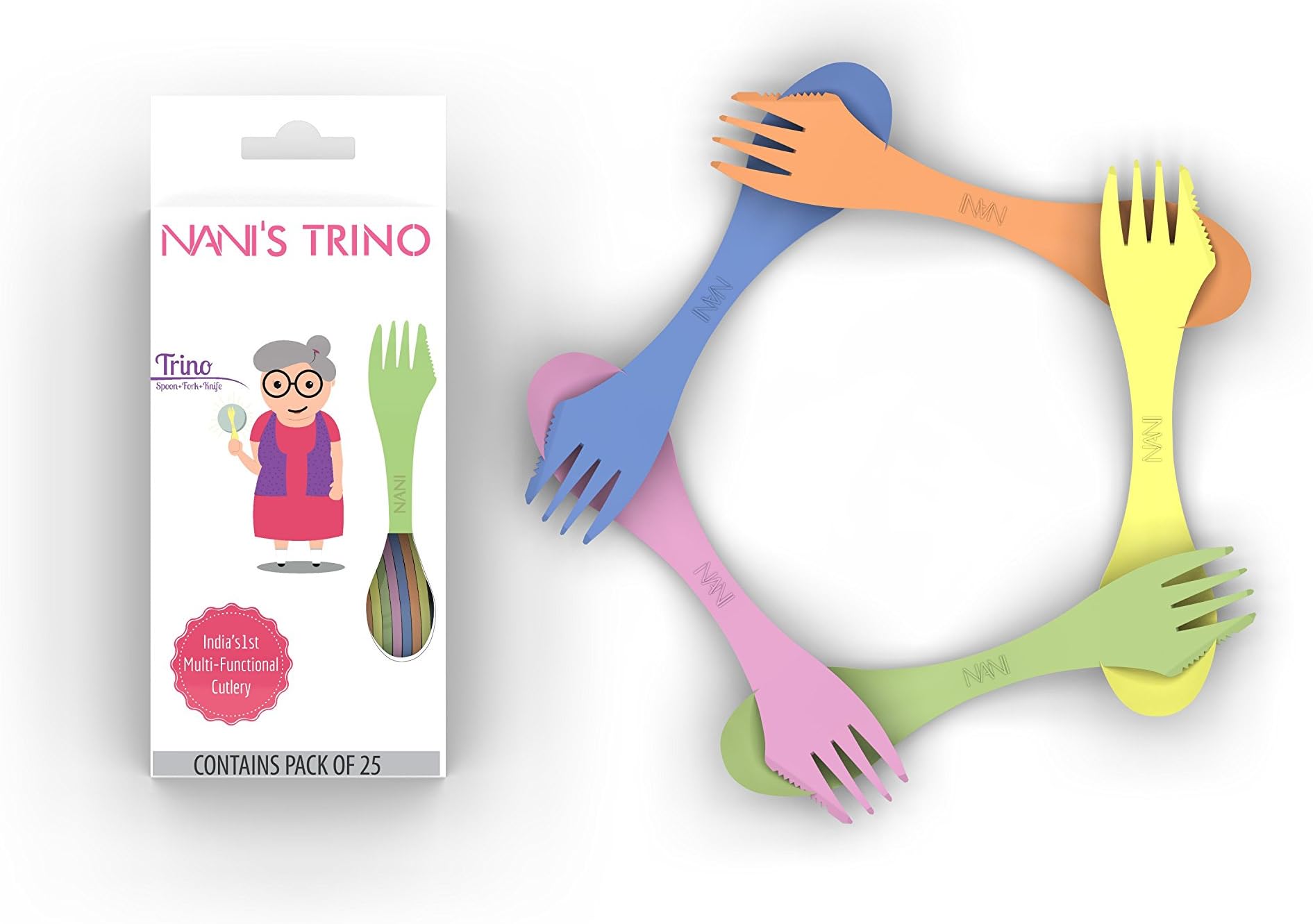 Nani's Trino (Spoon, Fork and Knife Set), India's 1 st Multifunctional Cutlery, Spork, Tableware, Dinnerware & Kitchenware Accessories (Pack of 25) (Multicolor) (Big Size)