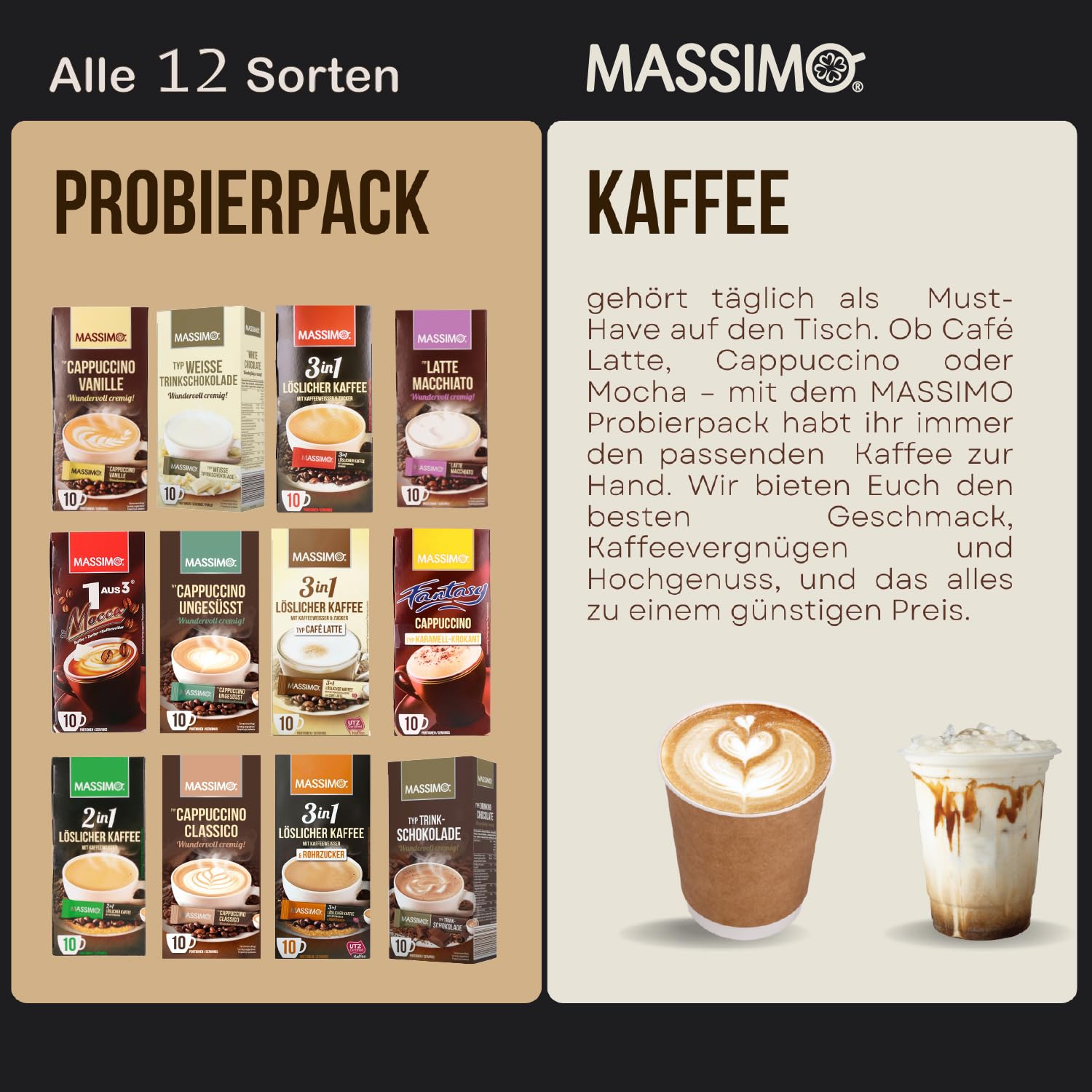 MASSIMO Instant Kaffee Sticks - Alle 12 Sorten - löslich, schnelle Zubereitung - 12er Probierpack Getränkepulver - Kaffeespezialitäten