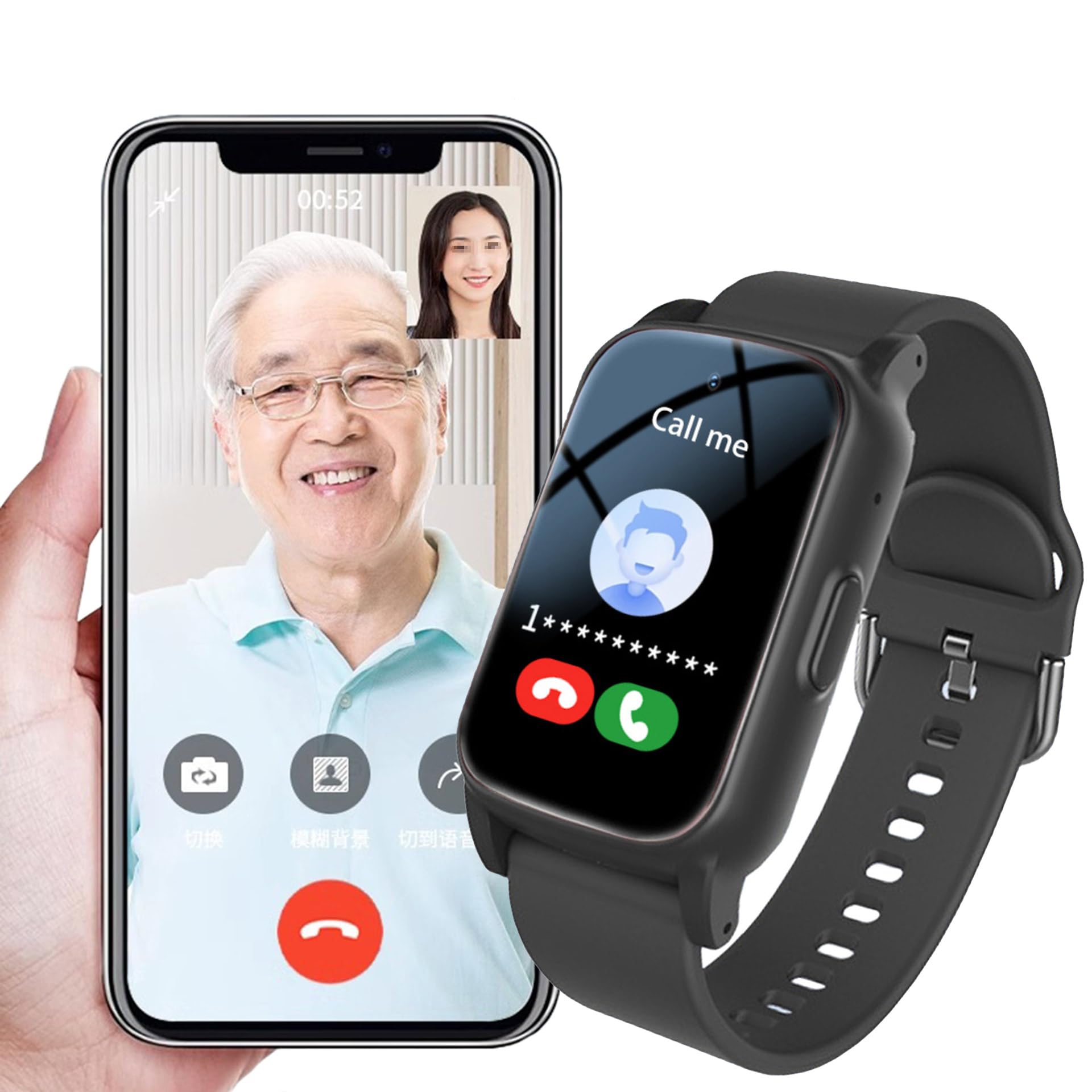 Montre Connectée avec Détecteur De Chute pour Personnes Âgées, Bracelet Alarme Personne Agee avec Appel Vidéo HD, Appel d'urgence SOS, Étanchéité IP67 Et GPS, Cadeaux pour Maman Âgée,Black