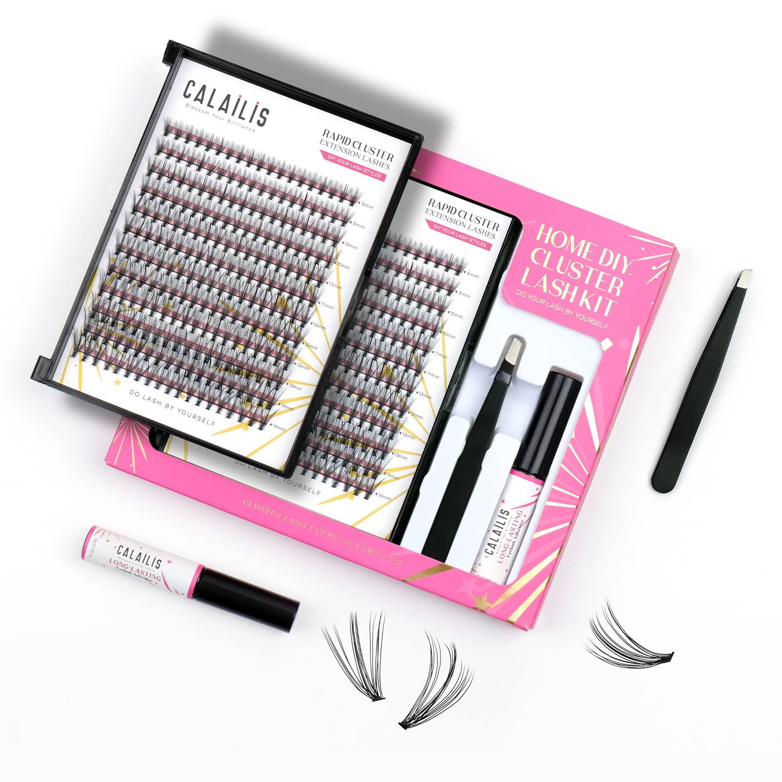 DIY Eyelash Extension,CALAILIS Cluster Lashes Kit Eyelash Clusters Home Eyelash Glue-based Band 0.10 Thickness 20 Roots with Cluster Lash Glue and Tweezers Mix Tray