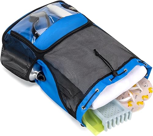 Miniatura 6 de Mochila de playa a prueba de arena con compartimento para zapatos y bolsillo húmedo, bolsa de natación de malla impermeable para piscina, Azul