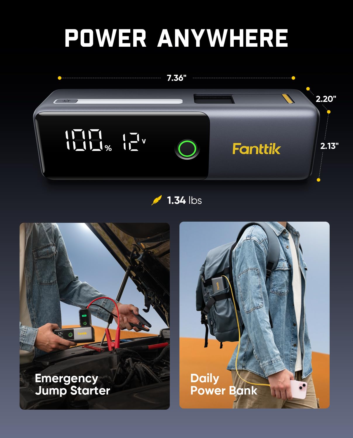 Fanttik Potent T10 Tragbarer Starthilfe Powerbank, Starthilfegeräte | 12000mAh Powerbank, 12V sichere Lithium-Starthilfe, Batteriebooster für 7,0L Benzin- und 5,0L Dieselmotoren
