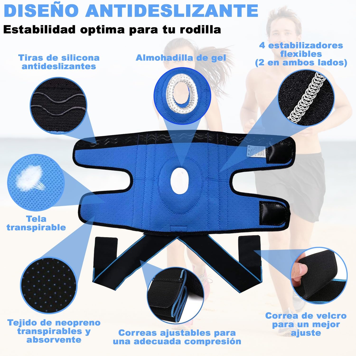 LOW&EE® Rodilleras Menisco y Ligamento Deportiva Ajustable – Rodilleras Gym - Rodillera Rotuliana Completa - Rodillera Crossfit - Rodillera Unisex de Neopreno con Silicona (Negro/Azul)