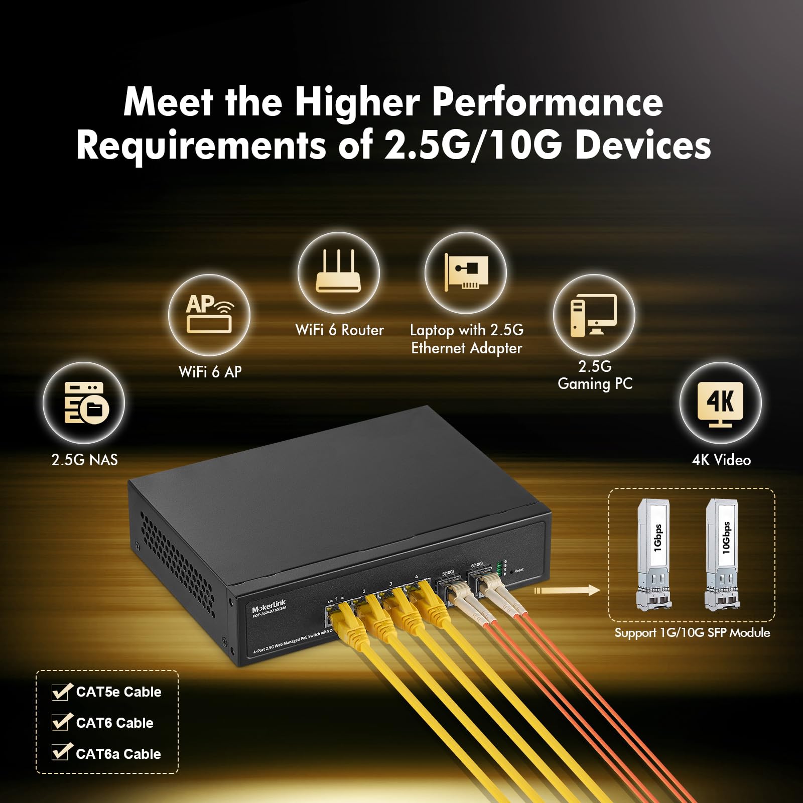 MokerLink Switch gestito PoE a 4 porte 2,5G con 2 porte slot 10G SFP+, IEEE8023af/at PoE 78W, dimensioni mini in metallo senza ventola, Easy Web Managed Network Switch
