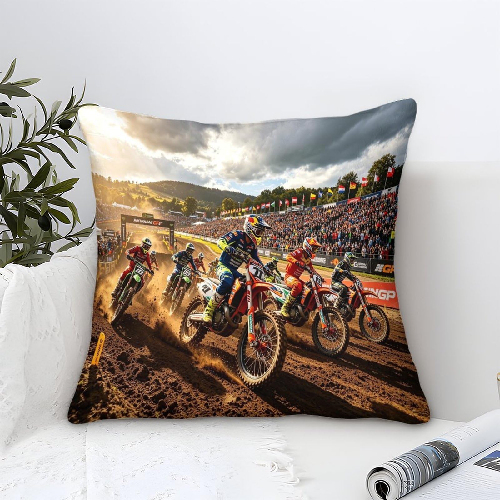 Xiaopangxy Dirt Bike Design Cushion Cover 40X40cm, Motorcycle Race Home Decor Throw Pillow Covers Microfiber, Comfortable Lumbar Support
