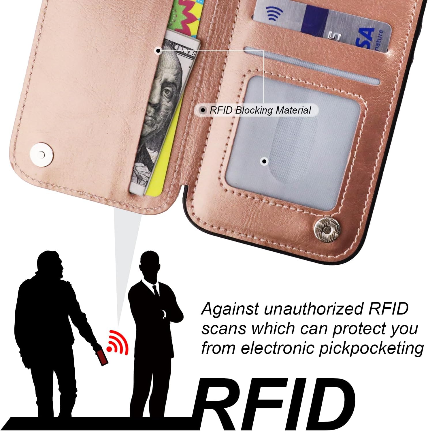 ONETOP for iPhone 16 Wallet Case with Card Holder, 360° Rotation Ring Kickstand RFID Blocking PU Leather Double Magnetic Clasp Shockproof Cover for Women and Girls 6.1 Inch (Rose Gold) - Image 5