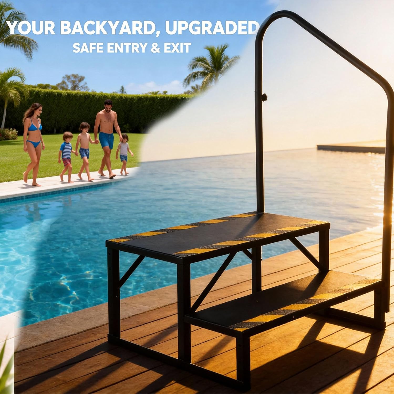2 Step Swimming Pool Steps with Handrail - Heavy Duty Solid Steel Stairs for In Ground Pools, Outdoor Deck, Spa and Hot Tub (Black)