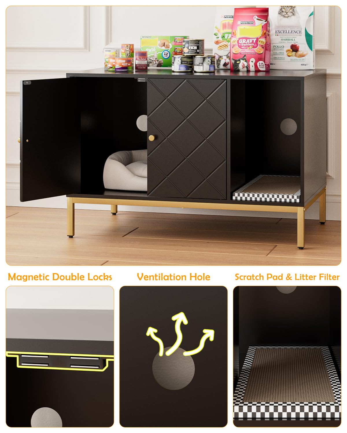 Katzenklo Schrank, Katzenkloschrank mit Doppeltüren, Katzenhaus mit Kratzmatte, hohe Beine, für Katzentoilette, Beistelltisch, 80x50x55 cm, schwarz,Überkreuzmuster