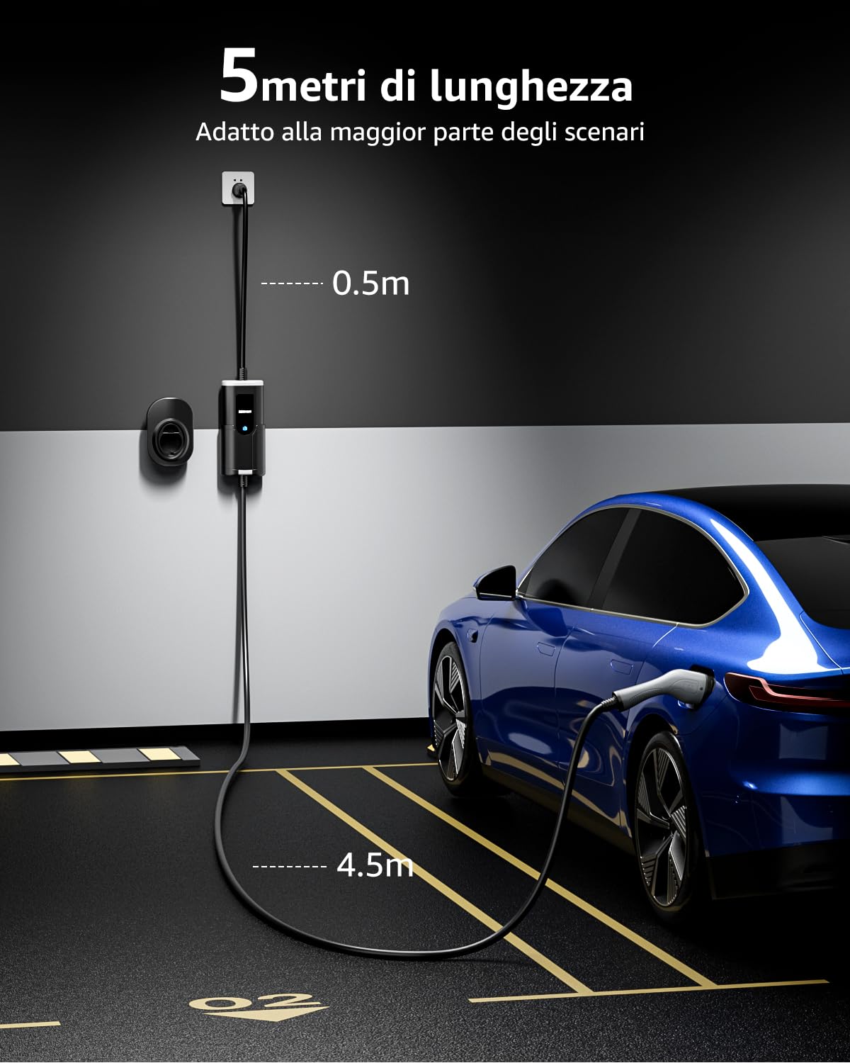 bokman Colonnina Ricarica Auto Elettrica, 5 Metri,16A, 3,68kW Wall Box Tipo 2 Caricabatterie EV con Spina Schuko Compatibile con Model Y/3, 500e, e-208 e Altri EV/PHEV