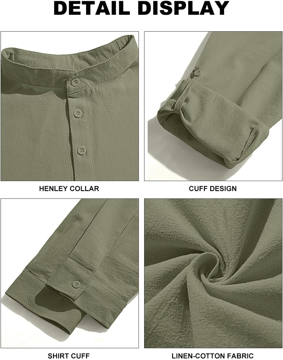 Men's Cotton Linen Henley Shirts Long Sleeve Collarless Casual Beach T Shirt Lightweight for Summer