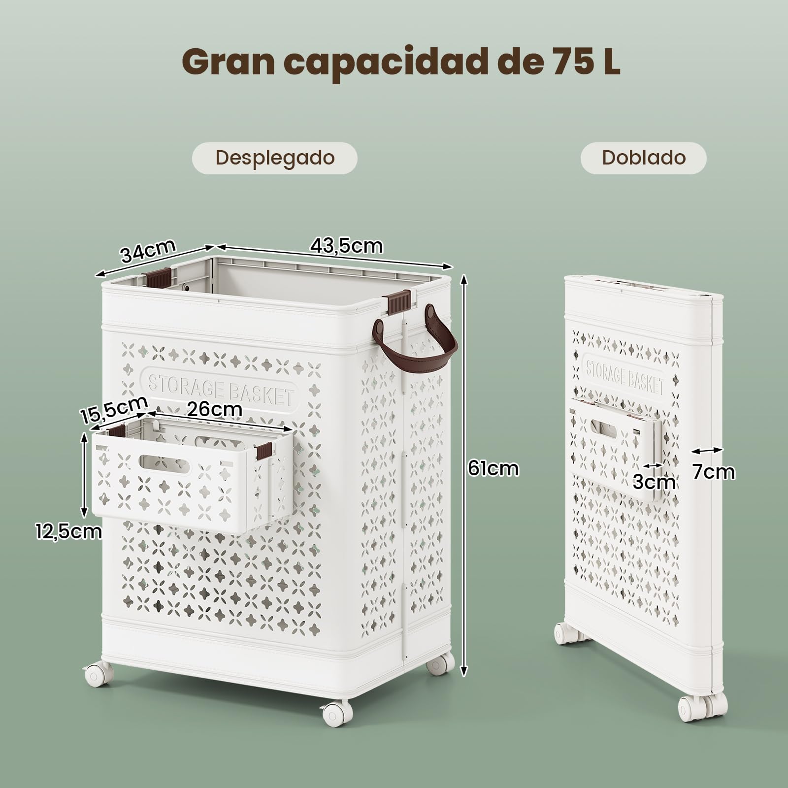 COSTWAY Cesta para Ropa Sucia Plegable 75 L, Cesto de La Colada, Cubo de Almacenamiento de Plástico con Asas y Estuche Pequeño Plegable, Cesto Popa Sucia con Ruedas, Blanco