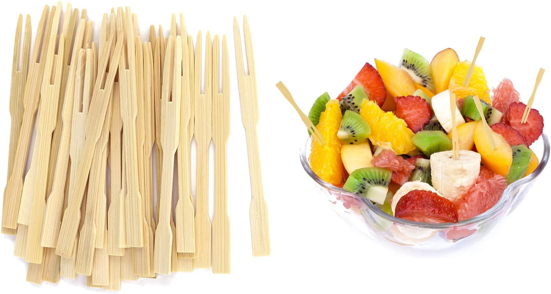 Bamboo Forks 9cm,(50pcs) Mini Food Picks for Party, Banquet, Buffet, Catering, and Daily Life. Two Prongs - Blunt End Toothpicks for Appetizer
