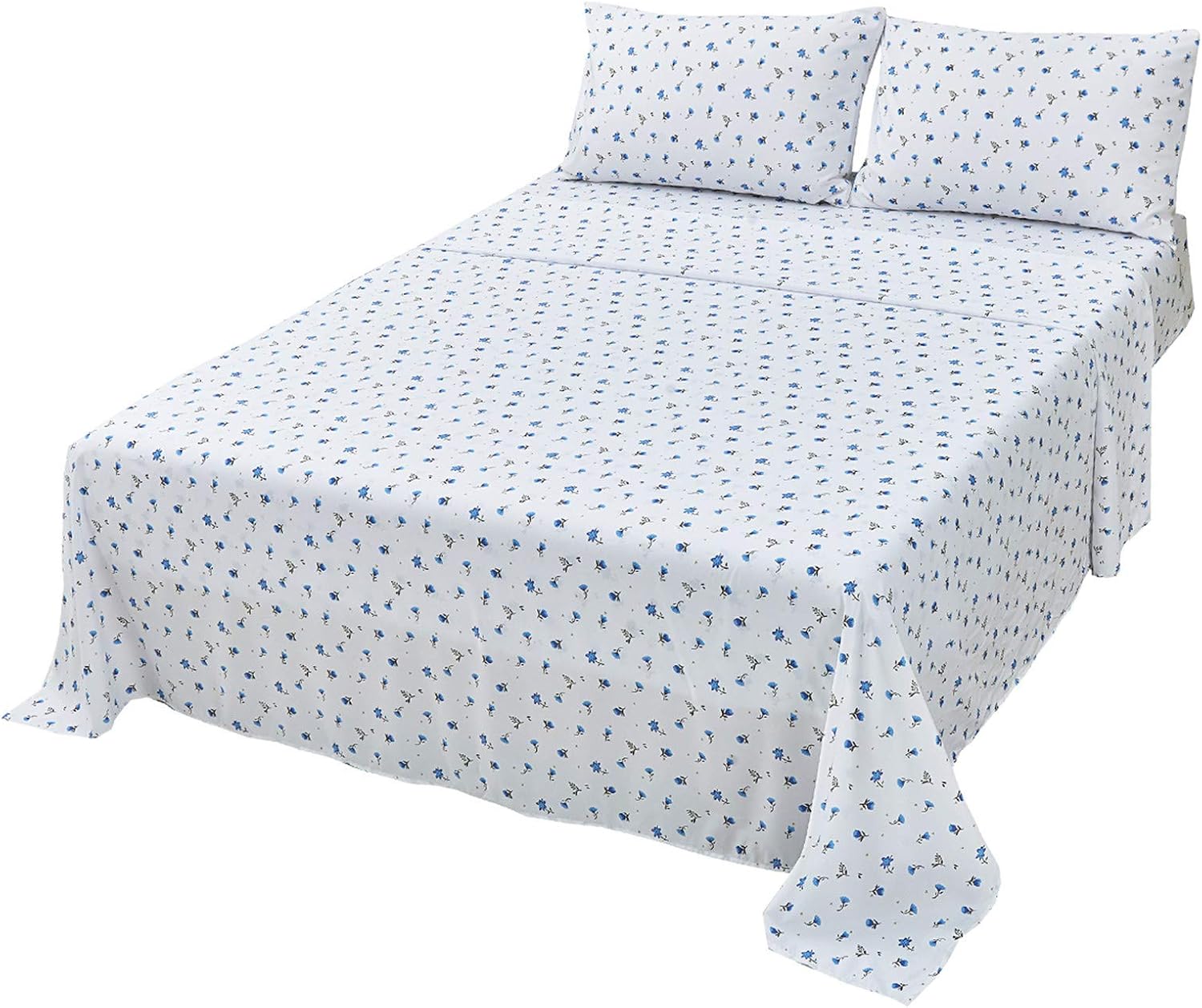 AKK Blue Flower Printed Queen Sheet Set - Soft Hotel Luxury Queen Bed Sheets - Ultra Brushed Microfiber - Deep Pocket - Cooling Sheets for Queen Size Bed - 4 Piece (Blue Flower Printed)