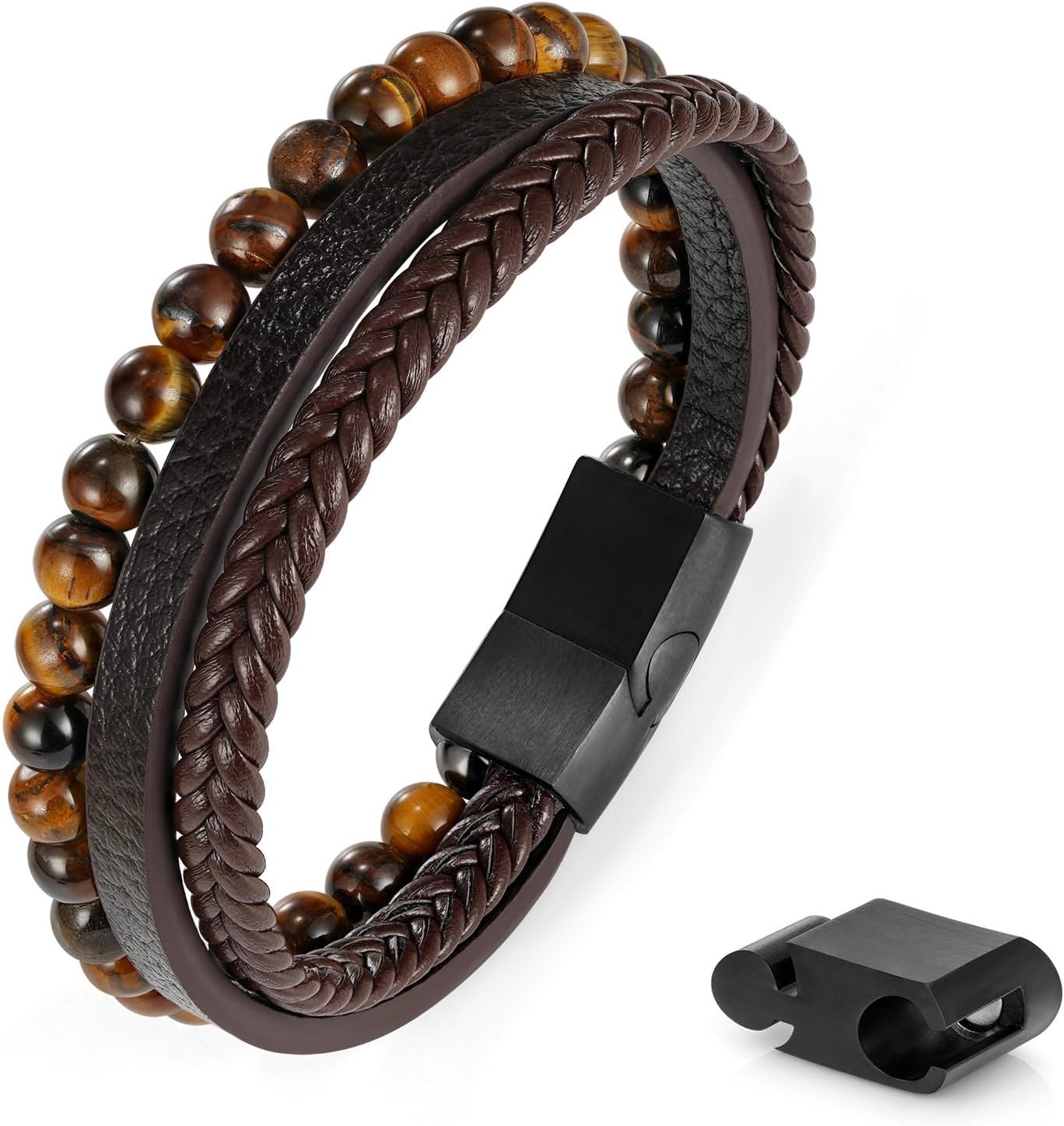 FOCOOG Leather Bead Bracelets for Men, Natural Tiger Eye Lava Rock Stone Bead Magnetic Clasp Adjustable Leather Bracelets Stress Relief Mens Anxiety Bracelet Mens Jewelry Gifts