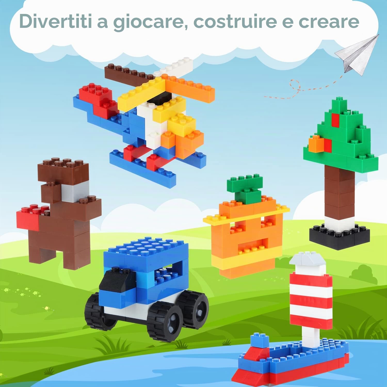 WYSWYG Set di 1200 pezzi di mattoncini - Compatibili, set di mattoncini di base, adatto a ragazzi e ragazze di 6 anni e più