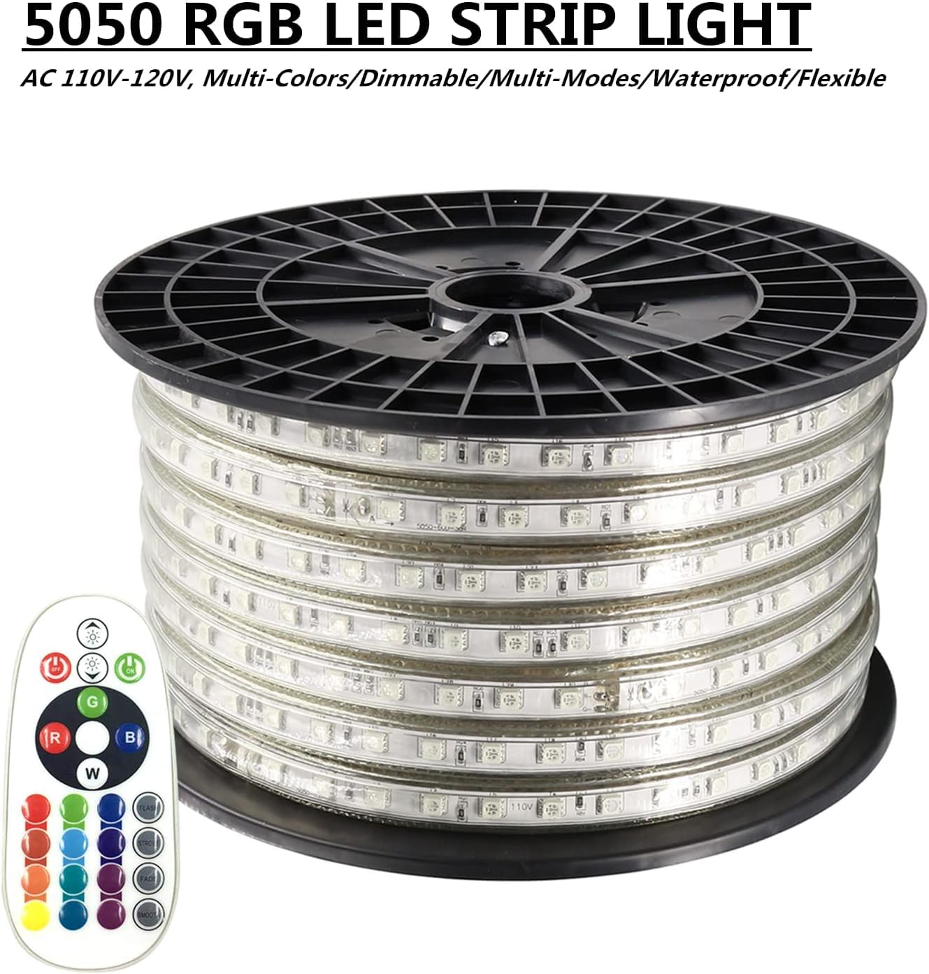 SYMHMT 5050 RGB LED Strip Lights AC 110V Home Decoration Multi-Colors/Dimmable/Multi-Modes/Waterproof/Flexible LED Rope Light with Remote (98.4ft/30m)