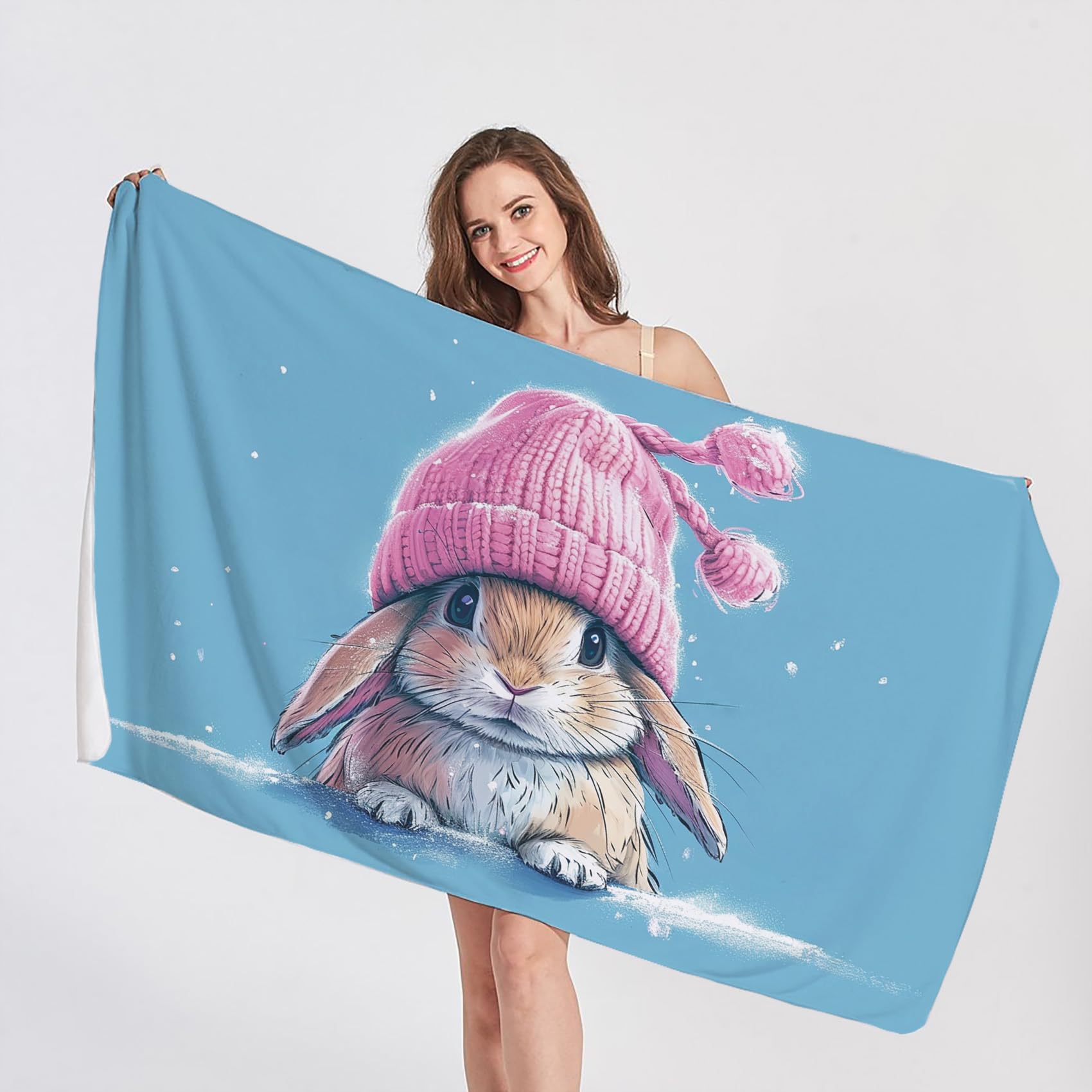 QEODAH Rabbit Beach Towel, Microfibre Towel, Kid Bunny Beach Towels, Quick Dry & Sand Free & Lightweight & Super Absorbent Towel for Travel, Gym, Bath, Swimming, Beach Blanket, 100 x 200 cm