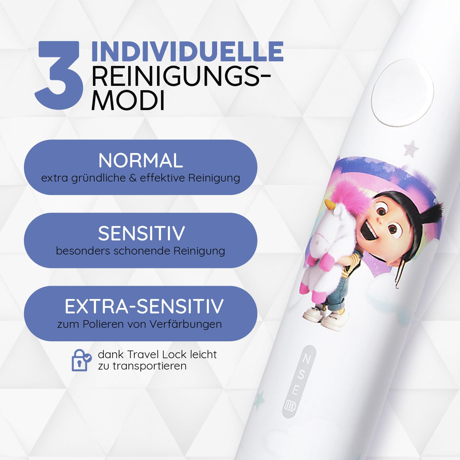 happybrush [Testsieger*] Elektrische Zahnbürste Für Kinder inkl. 3 Aufsteckbürsten, Sanfte Reinigung der Kinderzähne, Paw Patrol & Minions Agnes Design Einhorn (Agnes, 1x Set)