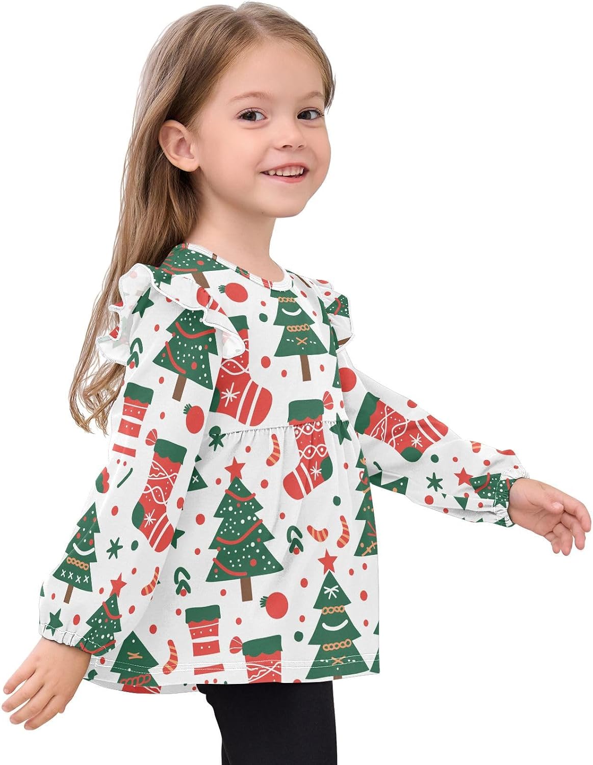 visesunny Toddler Clothes for Girls Christmas Stocking Tree Long Sleeve Fall Shirts Cotton Top with Ruffle Collar