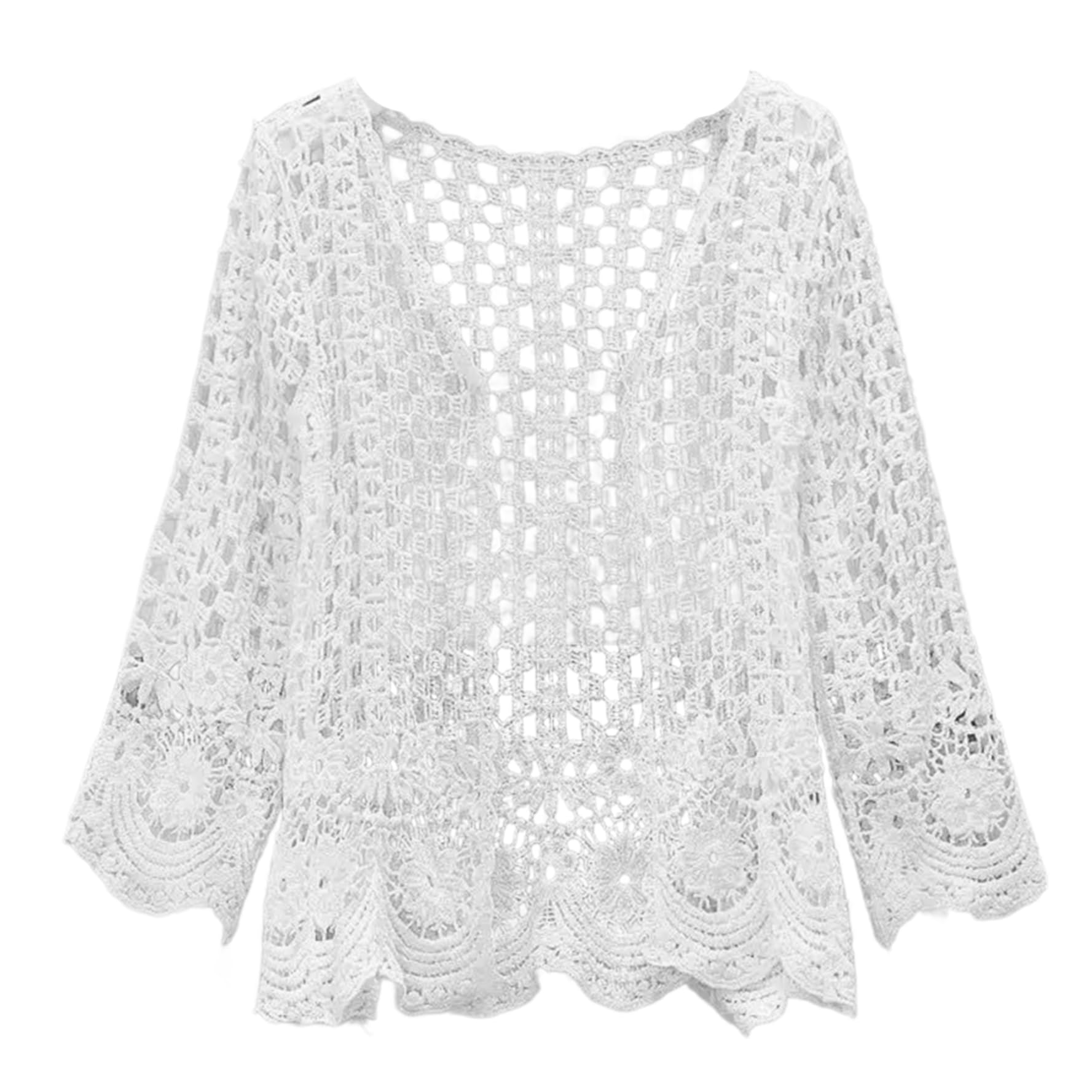 Pastoralist Women's White Summer Cardigan, Crochet Cardigan Sun Protection Soft Cotton Long Sleeve Hollow Out Crochet Summer Cardigans For Lightweight