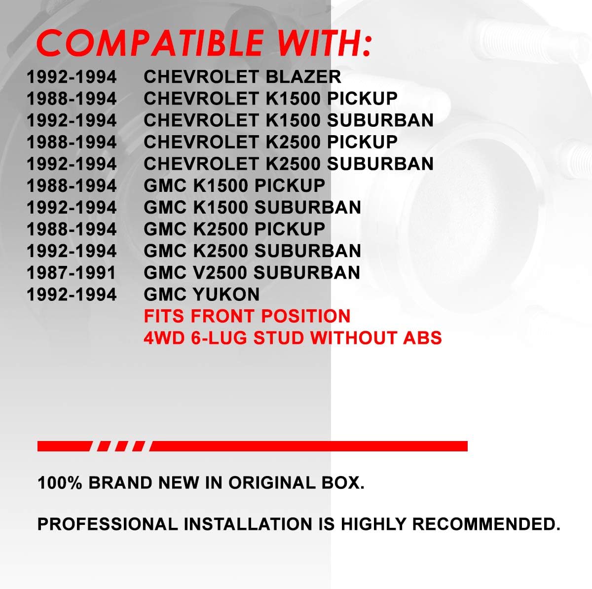 Auto Dynasty Front Wheel Bearing Hub Assembly Left+Right Side Compatible with Chevy GMC K1500/2500 Pickup Blazer Yukon 4WD 87-94