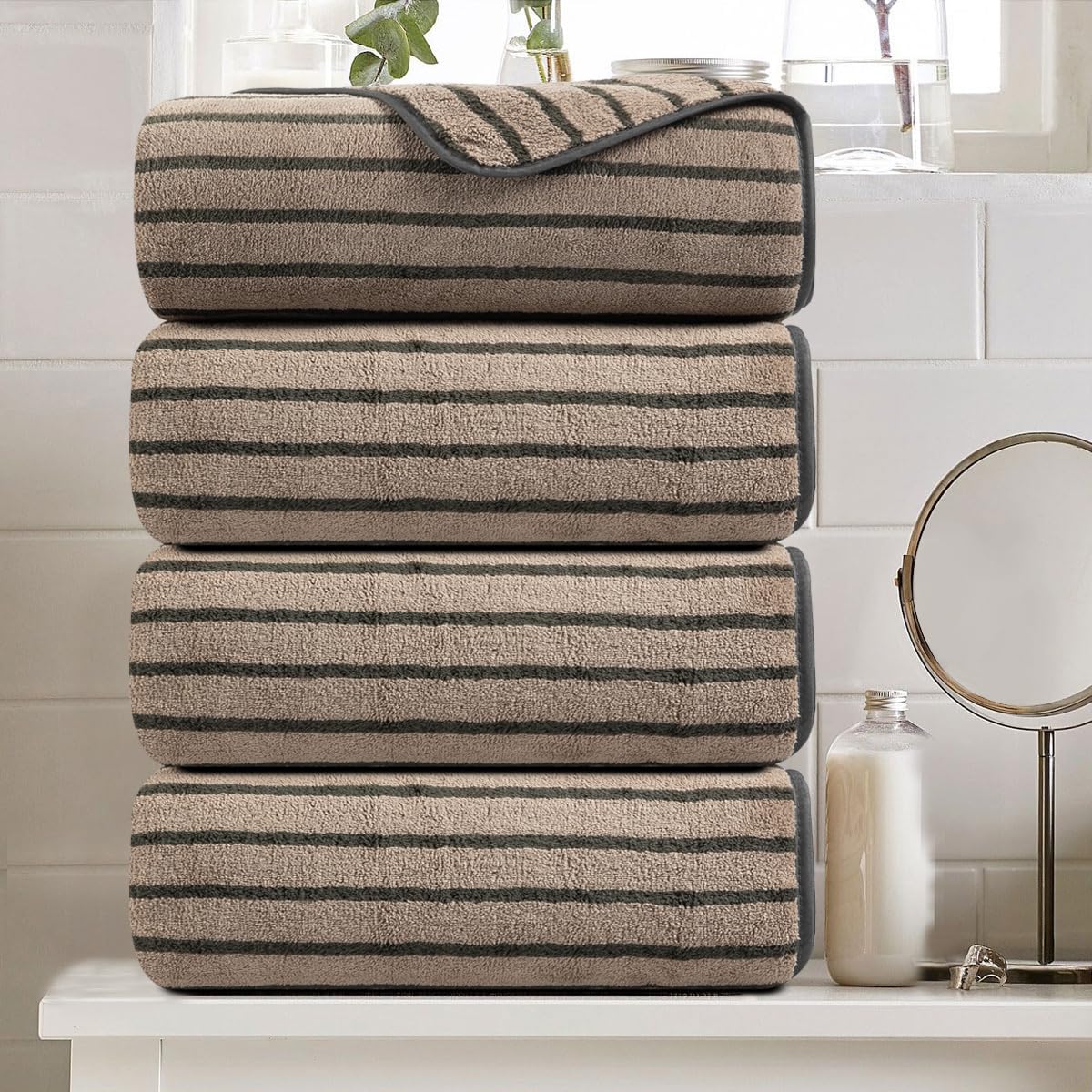 Oliven 4 Piece Brown Cabana Stripe Large Bath Towels Oversized Bath Sheet Super Soft Breathable Jumbo Bathroom Towels