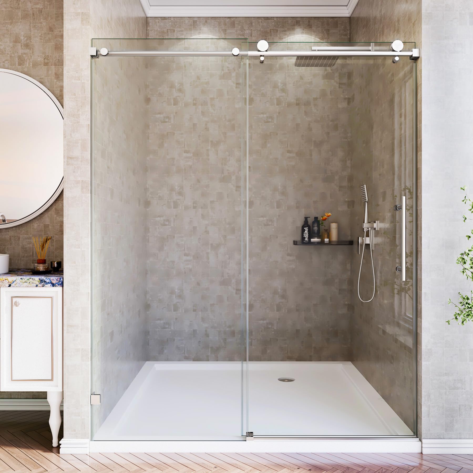 Photo 1 of Hengwess Frameless Shower Door, 56-60" W x 76" Single Sliding Shower Glass Door with 1/4'' (6mm) Tempered Clear Glass, Shower Doors for Walk-in Shower with Stainless Steel Hardware, Brushed Nickel