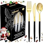 Supernal 102pcs Gold Plastic Silverware, Golden Cutlery with Black Handle, Disposable Flatware Collection, Includes 34 Plastic Forks and Spoons and Knives Ideal for Weddings, Parties, and Birthdays
