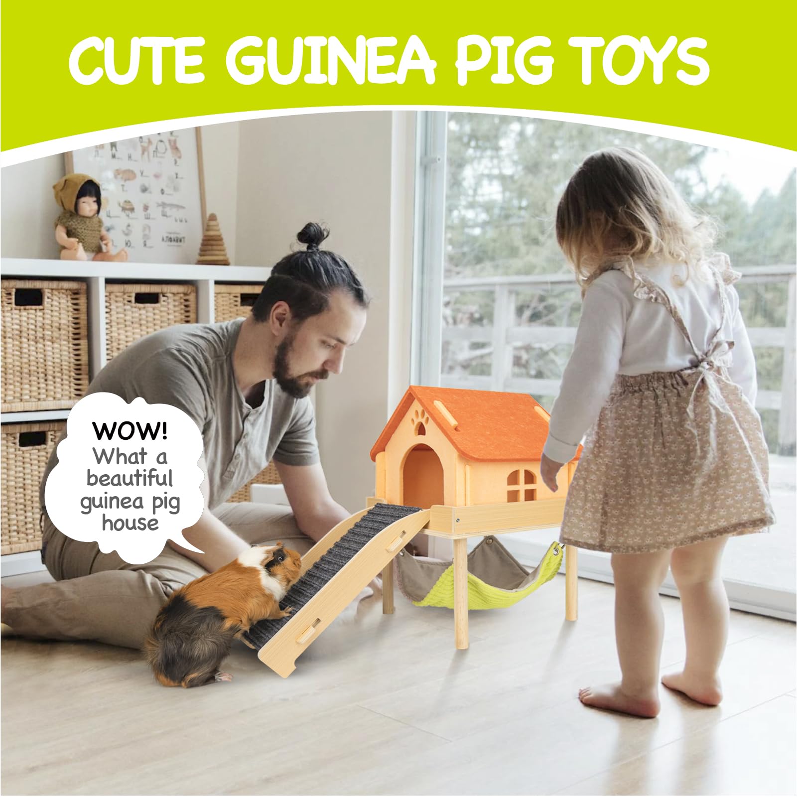 BESNEW Hamaca de cobaya 3 en 1 ampliada, escondite de madera con casa, plataforma y escaleras, juguetes de animales pequeños para ocultar actividades para dormir