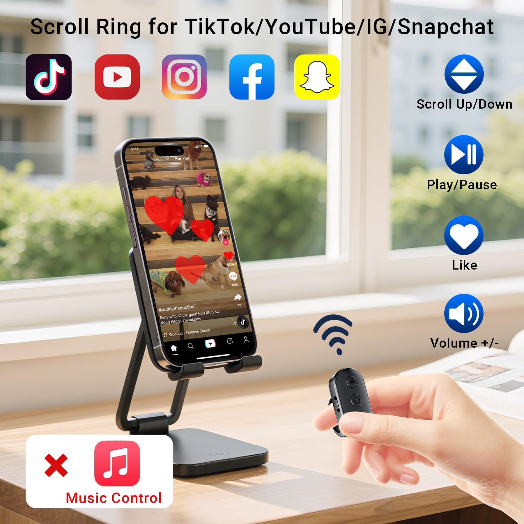 Scroll-Ring-Fernbedienung für TikTok, YouTube, IG-Shorts, Videounterstützung, Querformat, Hochformat, Fingerspitze, kabelloser Scroller, Seitenumkehrer für Kindle-App, kompatibel mit iPhone, iPad