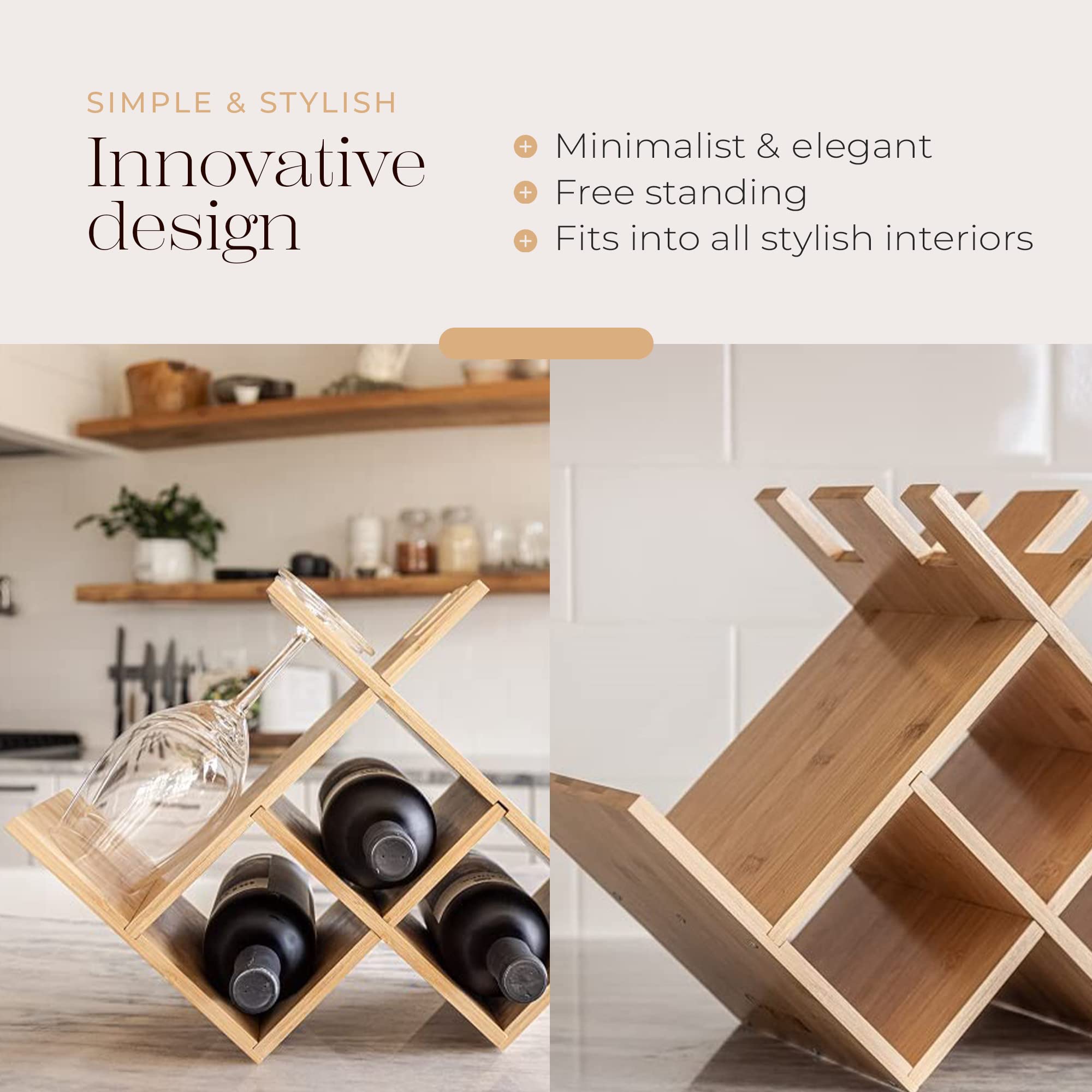 REHAU Wood Wine Racks Countertop with Glass Holder (4) â€“ Sturdy Bamboo Wine Rack, 3 Wine Bottle Holder â€“ Small Wine Holder Stand, Wooden Wine Rack Countertop â€“ Small Wine Rack with Glass