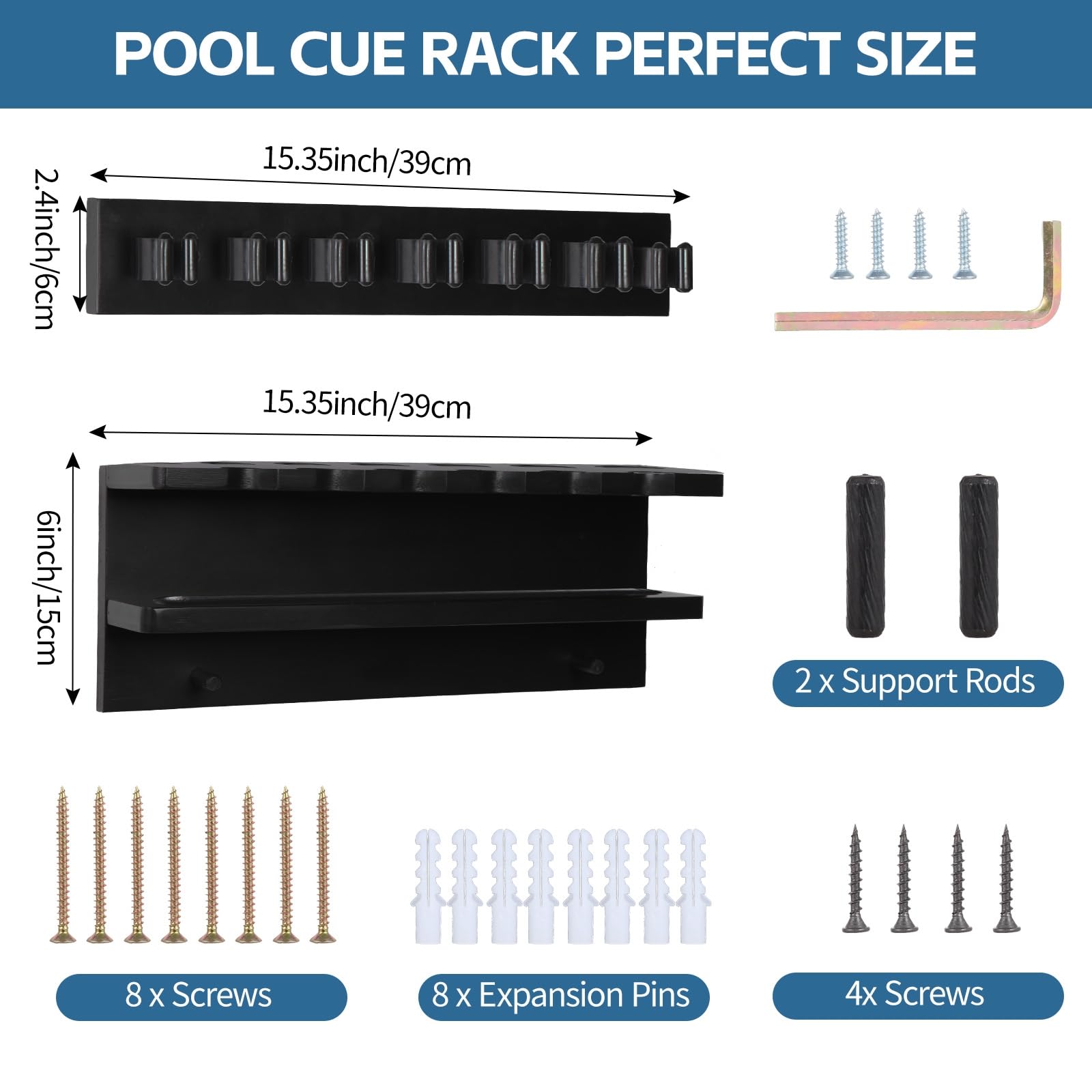 Soporte de pared para palos de piscina, soporte para tacos de piscina, soporte de pared, color negro