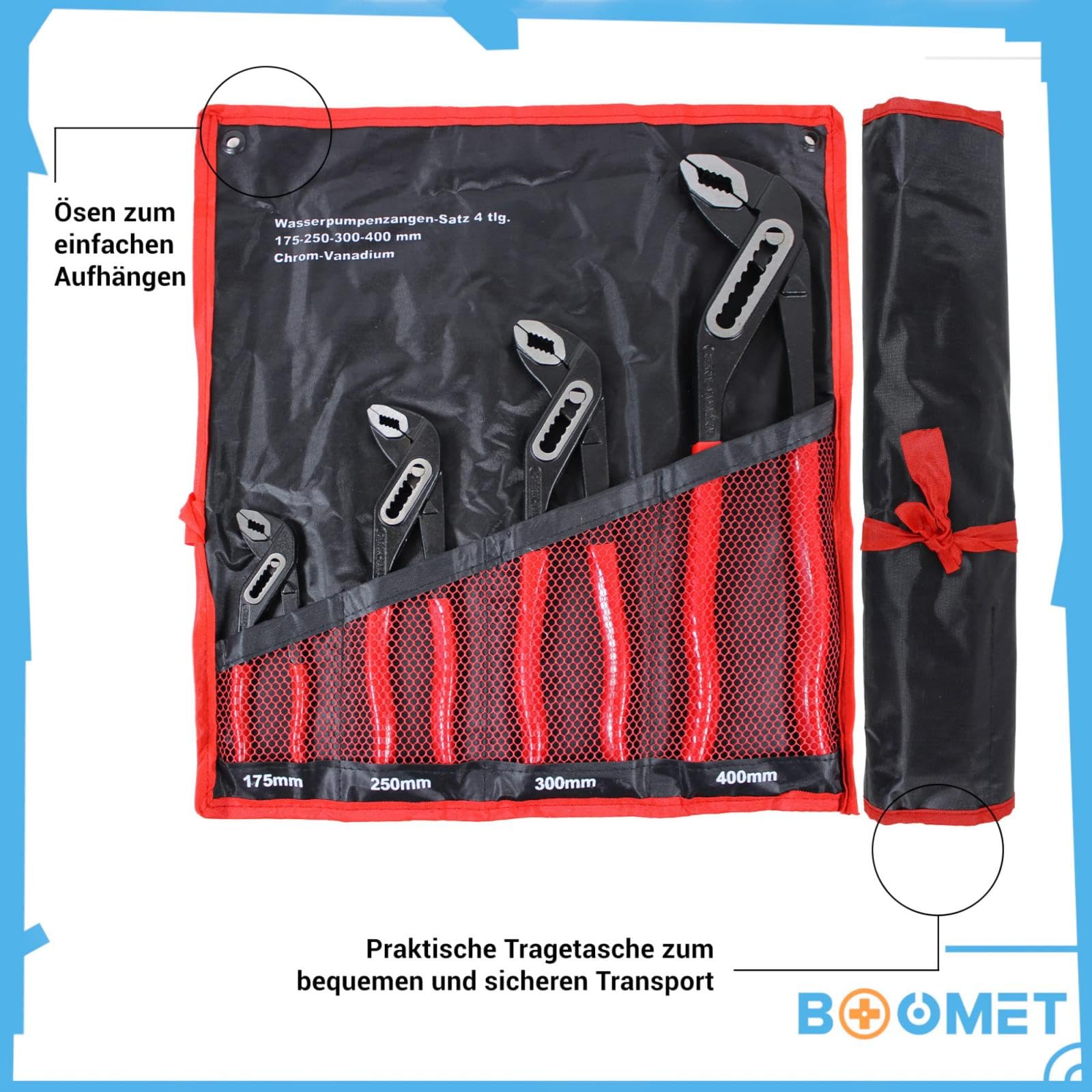 Szczypce do pomp wodnych pojedynczo lub w zestawie · zestaw 4 szt. 175 mm 250 mm 300 mm 400 mm · Wytrzymałe szczypce do precyzyjnego chwytania i trzymania · Idealne do armatury i prac rurowych