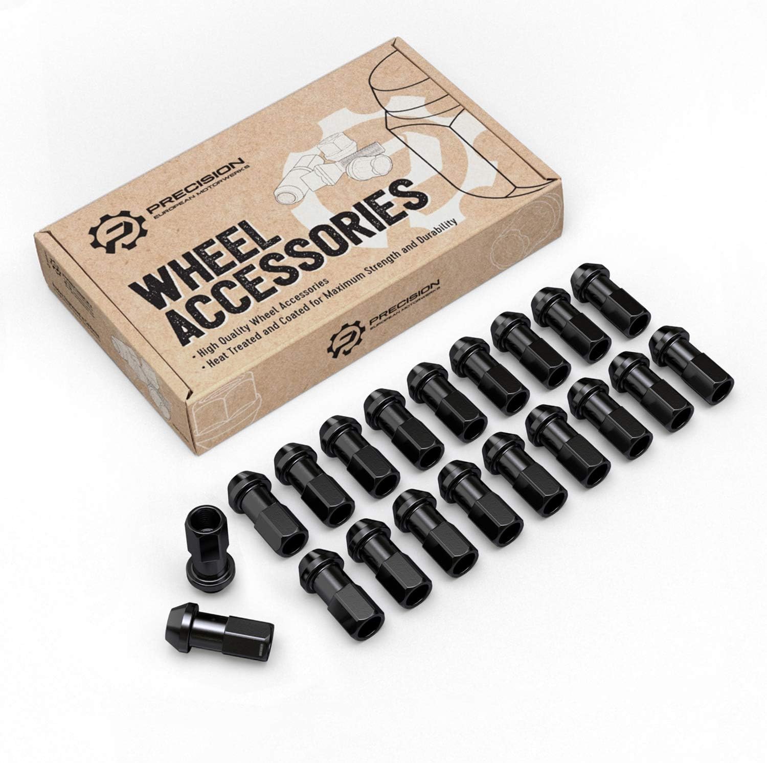 20pcs Extended Tuner Race Black Lug Nuts - 12x1.5 Thread Size - Open End - Cone Conical Taper Acorn Seat (60 Degree) - 1.8 inch Length - Compatible with Honda Mazda Hyundai Toyota and More