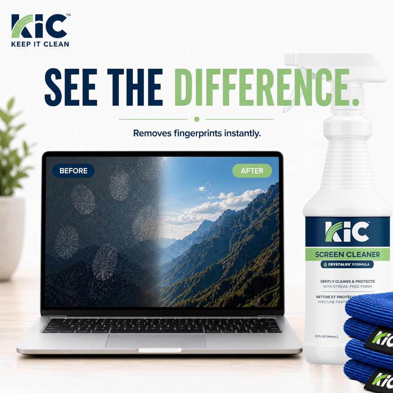 KICTeam Waffletechnology CrystalVu - Kit de limpiador de pantalla táctil, botella de spray de 32 onzas con 2 toallitas de microfibra para limpiar monitores y pantallas de computadora