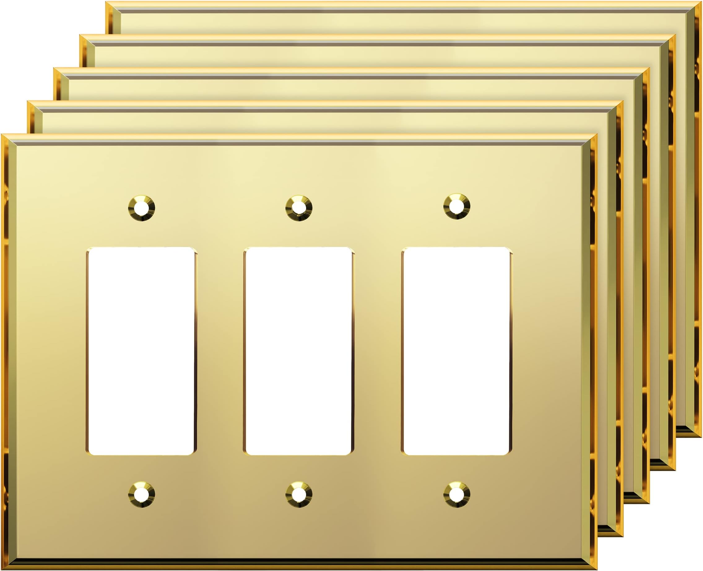 Reflective Acrylic Decorator Wall Plate, Mirrored Light Switch Plate, Plexiglass Outlet Cover, Acrylic Glass, Oversized 3-Gang 5.25" x 7.06", LWP-33O-AGD5P, Gold, 5 Pack