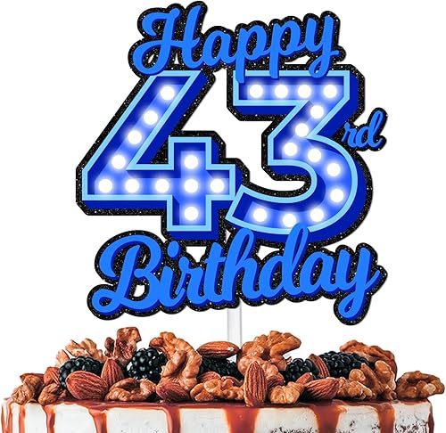 Decoración de pastel de cumpleaños 43 con purpurina azul Let's Glow Crazy Party Theme Decor Supplies Men Women Happy Birthday 43 Anniversary Party