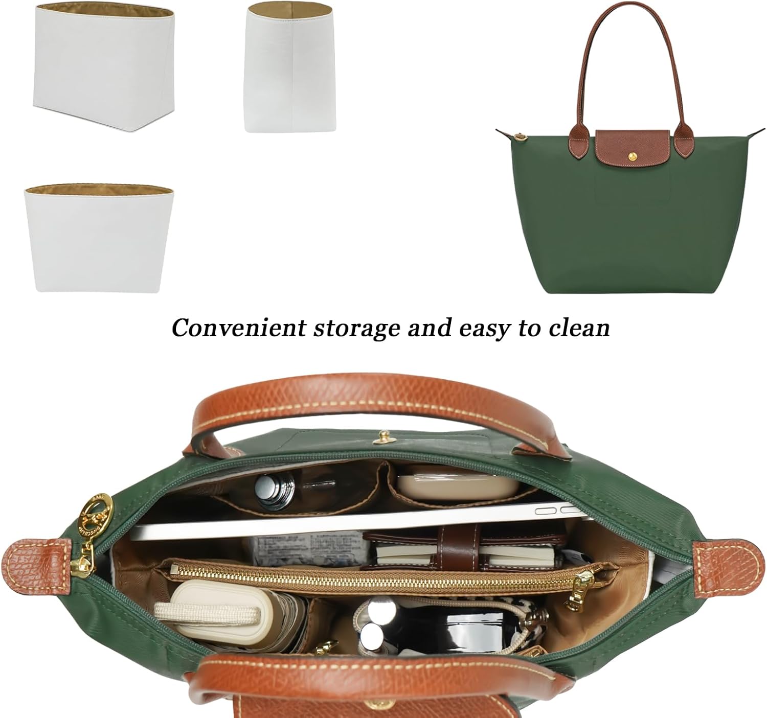 Ultra-light Purse Organizer Insert Compatible with Longchamp for Le Pliage Original/Green M Tote Bag, Water-proof Dupontpaper Bag Organizer Insert, Keeps Bags Neat(M,White Compartments)