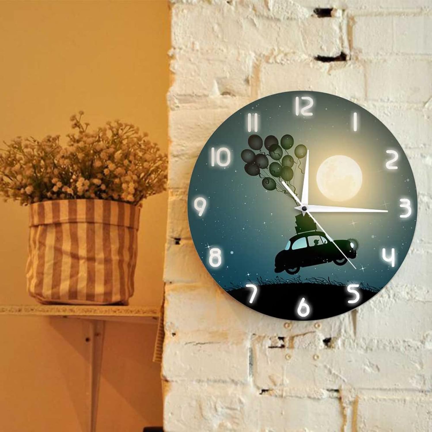 30cm Silent Wall Clock Retro Car Flying On Ballons Silent Sweep Clock for Nursery Kids Room Driving with Full Moon Decorative Surreal Designer Clock for Modern Home Decor